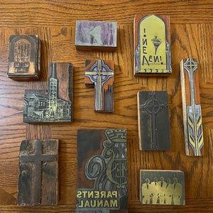 Set of 10 vintage printing plates, Christian, crosses, music